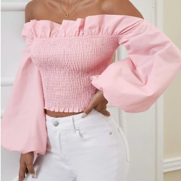 Tops - Off Shoulder Pink Ruffle Trim Shirred Crop Blouse